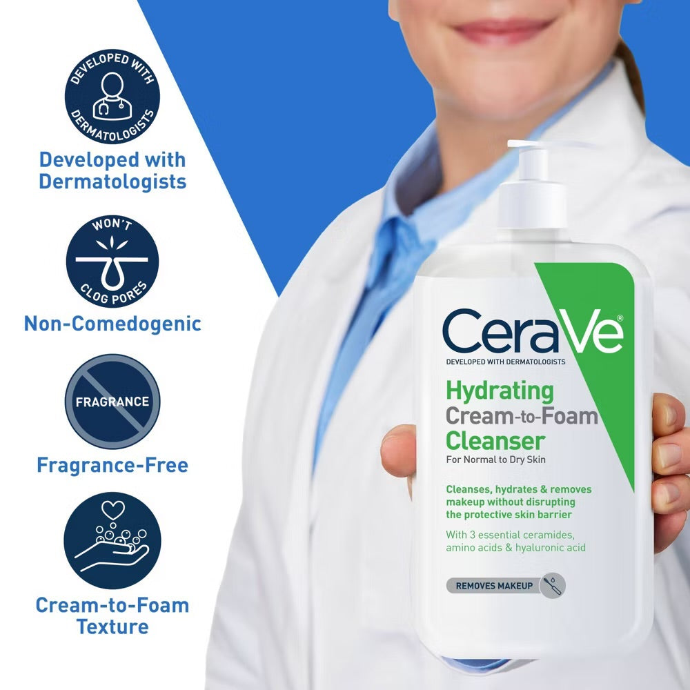 CeraVe - Hydrating Cream to Foam Face Wash with Hyaluronic Acid for Normal to Dry Skin