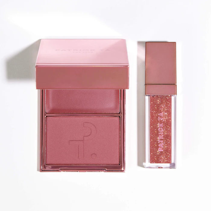 PATRICK TA - Patrick's Glow and Gloss Set: Major Headlines Blush Duo and Plumping Lip Gloss Makeup Gift Set CAJA DAÑADA