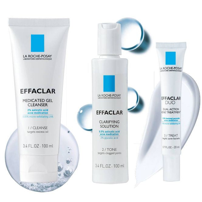 La Roche Posay Effaclar Dermatological - Acne Treatment 3-Step System Kit with Medicated Gel Cleanser, Clarifying Solution and Effaclar Duo